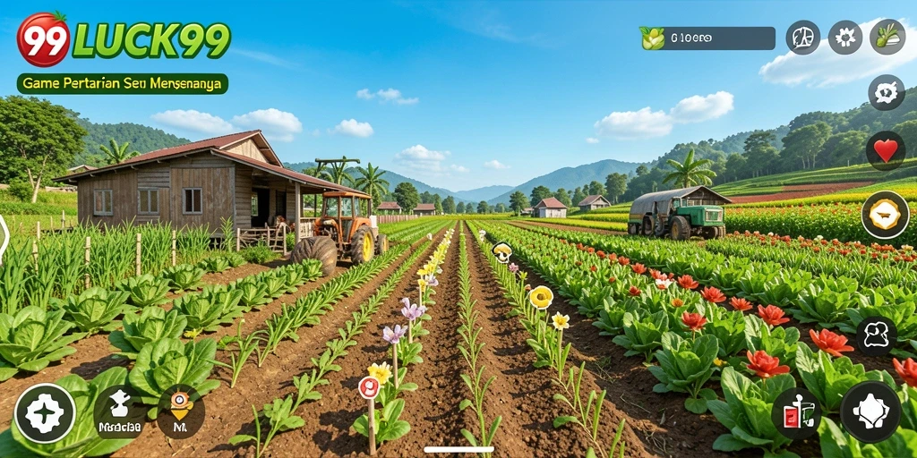 Screenshot gameplay menunjukkan ladang yang subur dan hewan ternak yang aktif.