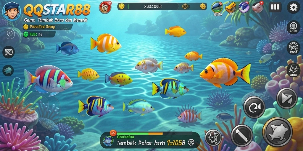 Screenshot gameplay QQSTAR88 menampilkan aksi menembak ikan yang mendebarkan.