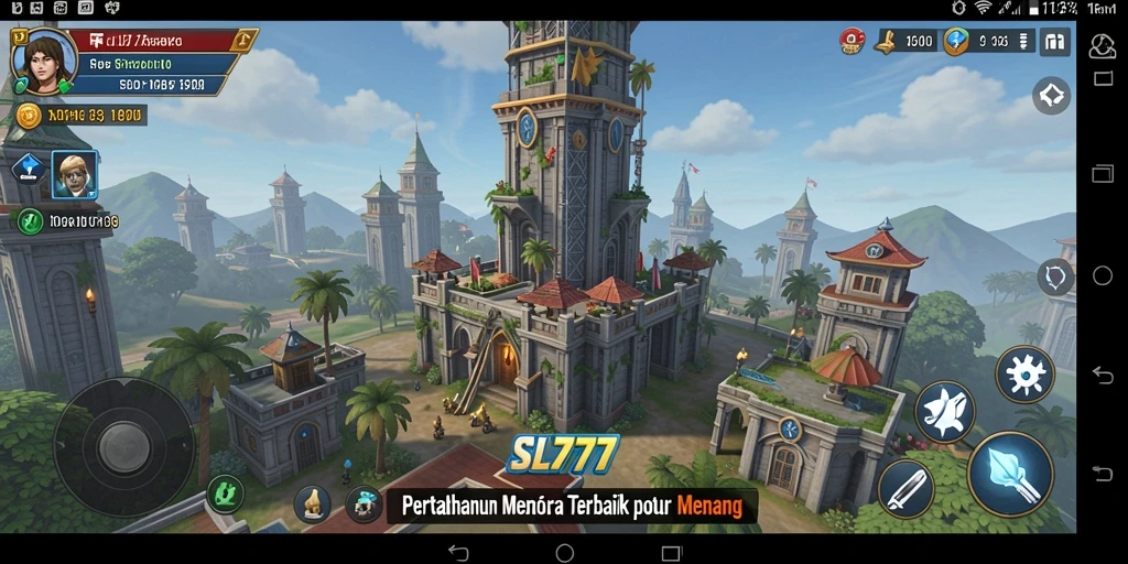 Tangkapan layar gameplay SL777 dengan menara pertahanan aktif.